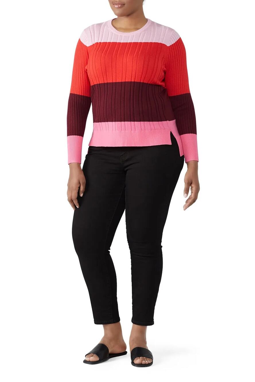 Tome NYC 18 (1x) red Pink Colorblock Wool Blend Knit Crewneck Pullover Sweater